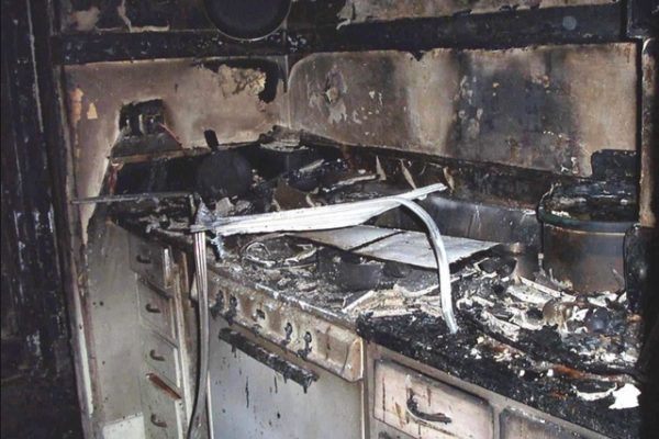A severely damaged kitchen due to a fire.