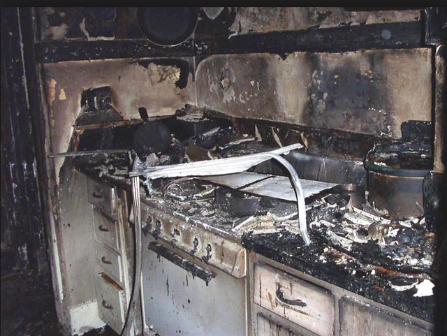 A severely damaged kitchen due to a fire.