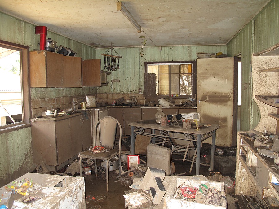 Kitchen damaged by flood.