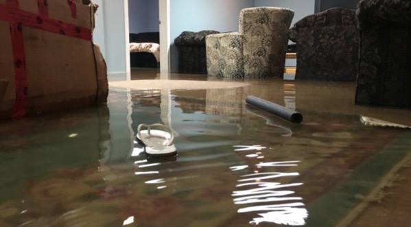 Flooded living room. Slippers floating.